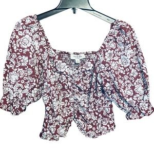 No Frills Floral Puff Sleeve Top - Burgundy and White